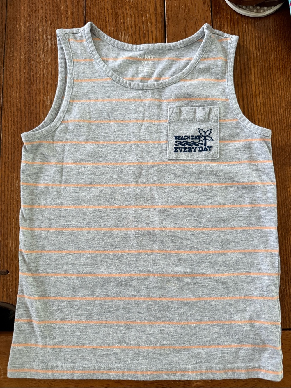 Carter's Gray & Peach Striped Tank Top with Pocket Graphic